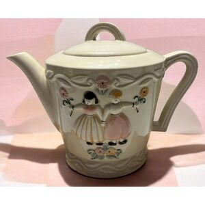 PORCELIER Coffee Teapot Cream Porcelain‎ Pair of Girls Design 9" x 7" Vintage